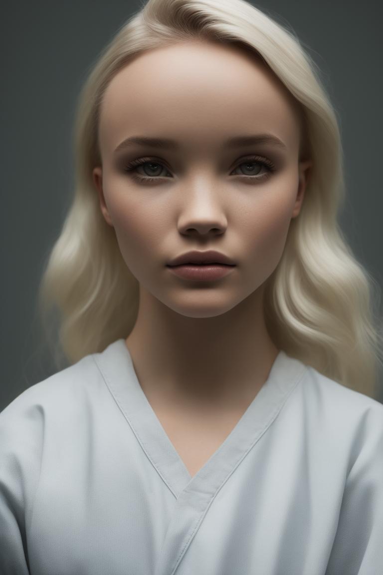 Wearing a Prison Jumpsuit, Straight Photography, Natural color scheme, Mugshot of, Dove Cameron, Solid white background, Taken with a 18 MPx DSLR Camera, Grainy texture, Minimalistic, Candid, Raw, Portrait by Craig Wiley, Photography by Jimmy Nelson, Photo, Digital painting, photographic realism, Whole body facing forward, Intense front lighting