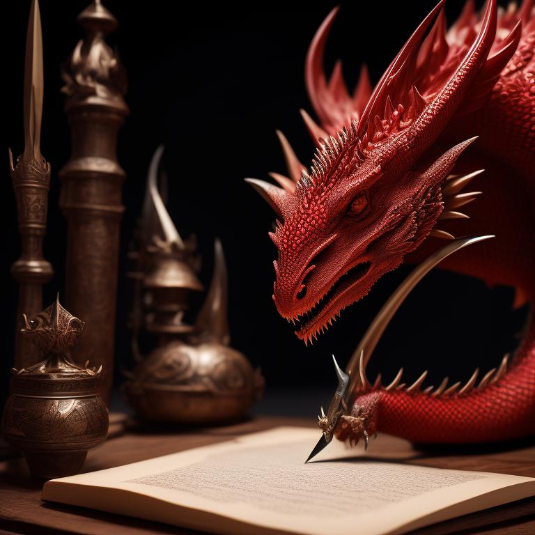 hotquetzal354 a red dragon amidst medieval writing implements such as