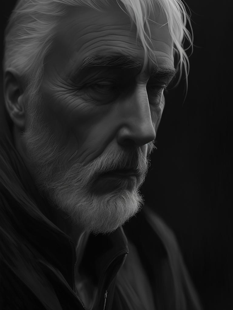 grey haired man , contemplative, somber atmosphere, Low lighting, Moody, Black and white, Cinematic, Highly detailed, Digital painting, Trending on Artstation, art by lois van baarle and loish and ross tran