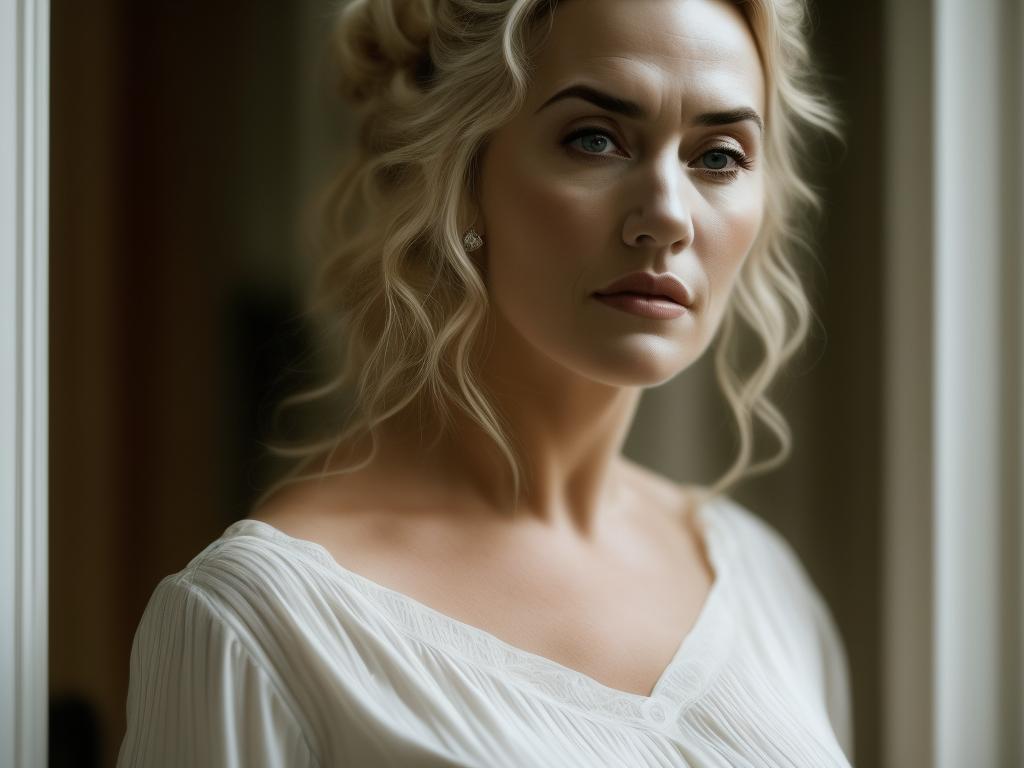 rigid-wolf825: a sad beautiful woman looks like Kate Winslet with ponytail  hair and white pajamas checking mobile realistic photo