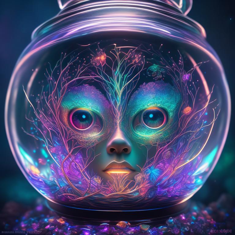 head in a jar, Transparent skin, Bioluminescent, glowing from within, Digital art, Highly detailed, Glowing eyes, Iridescent, surrounded by bioluminescent organisms, Vibrant colors, Cute, Ethereal, Magical, Surreal, Artgerm, Loish, Artstation