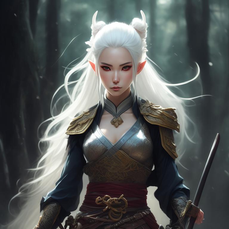 Milky-hyena375: Female Elf Samurai, White Hair, Katana In Hand