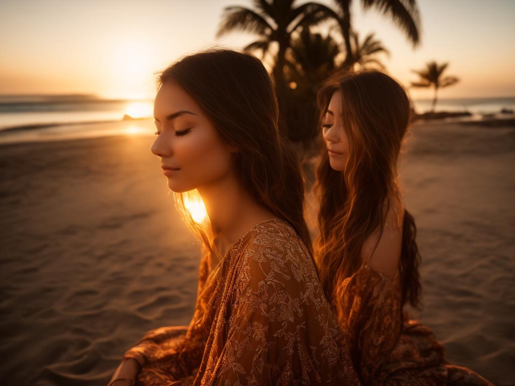 tight-corgi513: Beautiful 25 year old woman meditating on the beach at  sunset. palm trees. brown long hair. brown dress. detail of her face.