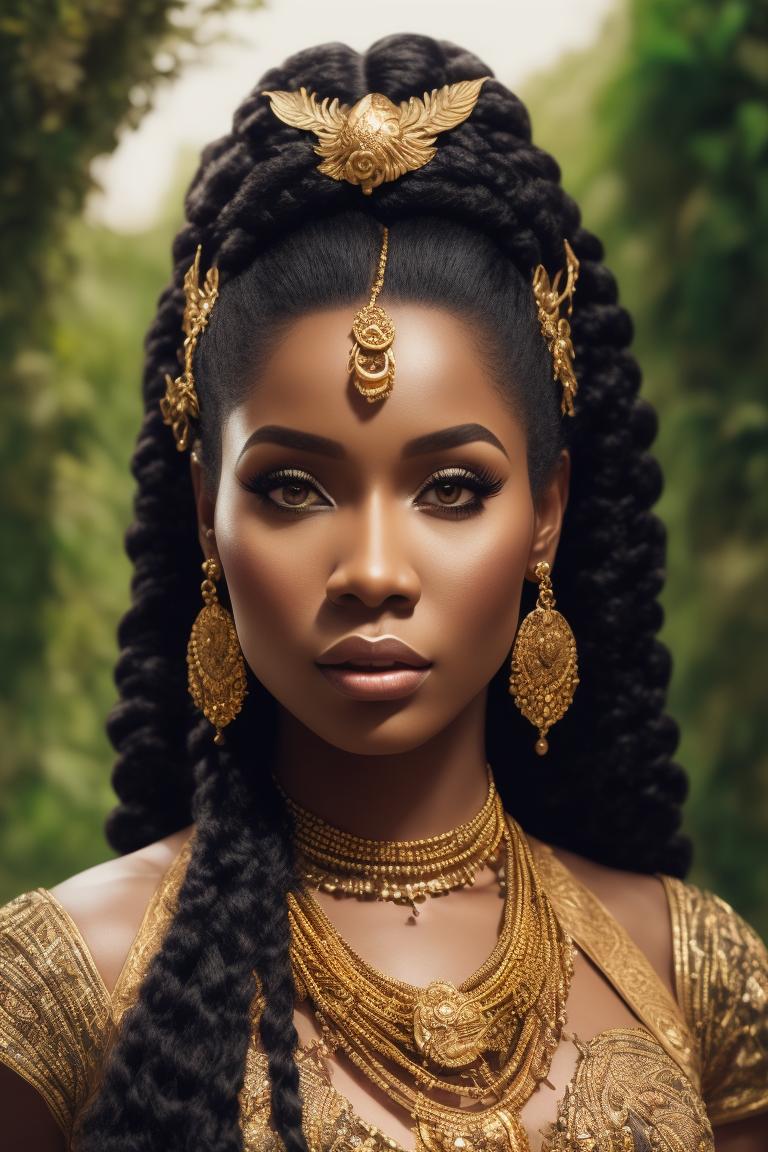 small-worm755: 25 year old woman, Medieval, Nicki Minaj, nicki Minaj  inspired, long hair, African, African queen, light brown skin, full body in  frame, beautiful, braid hairstyle, Savannah biome background.