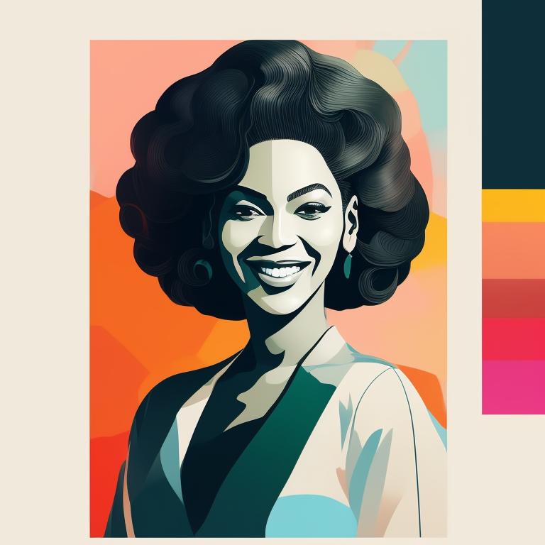 beyonce, Smiling, Beautiful colors, pencil sketches, Vector illustration, Cel shaded, Flat, 2D, Style of dan matutina, In the style of studio ghibli, Art by Hiroshi Saitō, bold lines, Bold the drawing lines, Amazing details, One character