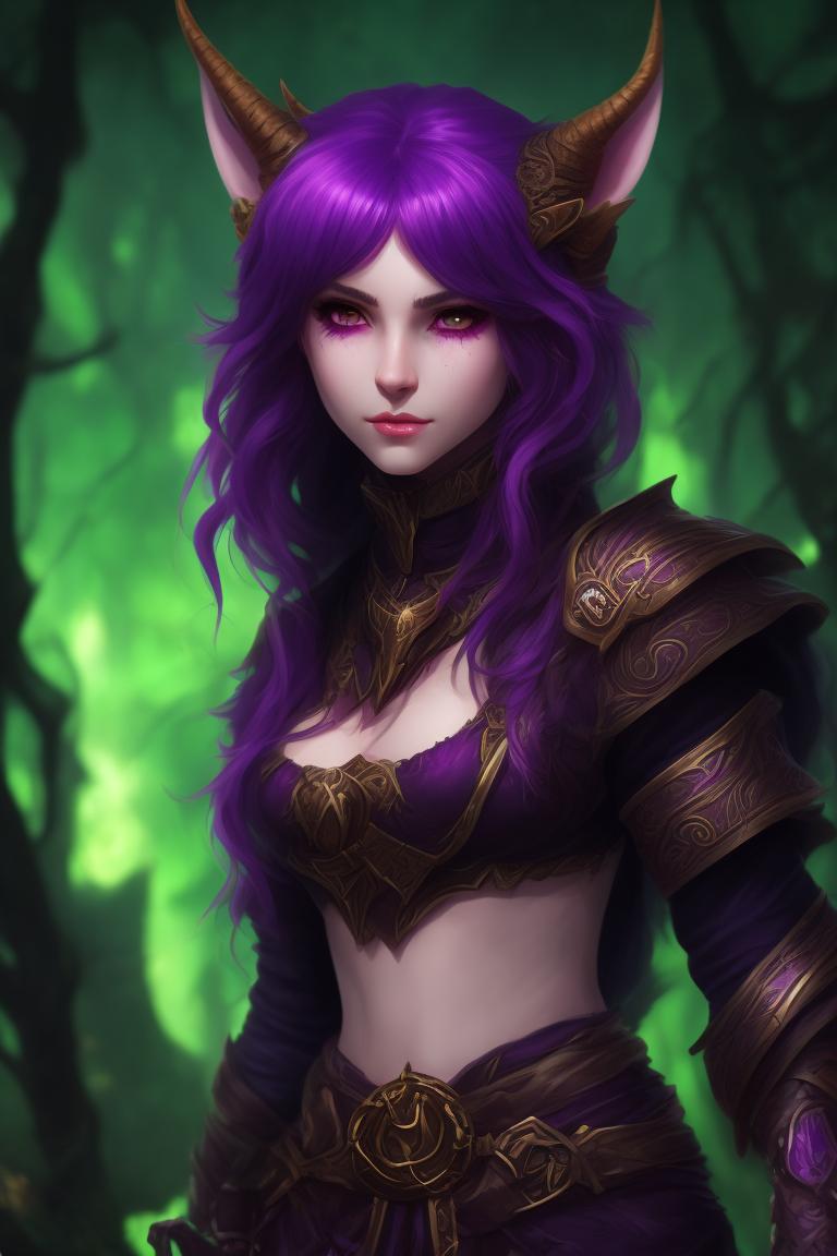 Tiefling druid female, she is young, not skinny, she has GREEN cat-like eyes, she has SHORT purple hair
