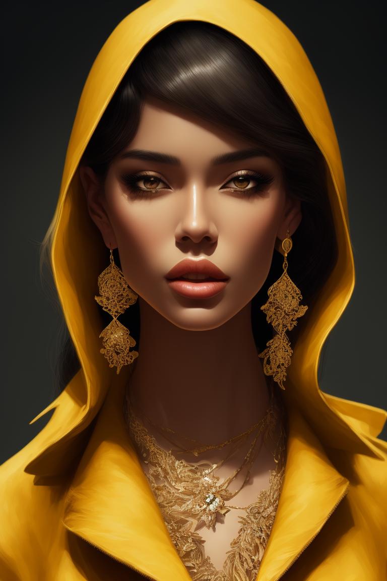 MINIDEM: a drawing of a woman in a yellow jacket and earrings, in style ...