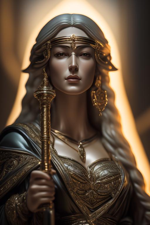 a beautiful portrait of lady justice who is blindfolded, she is holding and dagger and the scales of justice. she is stunningly beautiful with long hair wearing a silk Grecian robe, High detail face, Highly detailed and intricate, High resolution, Photorealistic, Masterpiece, High gloss, 8k, High quality, Photorealistic, Ultra realistic, High resolution, HDR, HD, 32k, Long shot, Zoomed out, Frontal view, Looking at camera, Background out of focus, Full body portrait, Epic shot, wide shot, Wide angle, Cinematic lighting, Beautifully lit, Dynamic lighting, Very detailed, Incredibly high detailed, Incredibly detailed, High detail, Hyperrealistic, Photorealism, Candid photo, Human