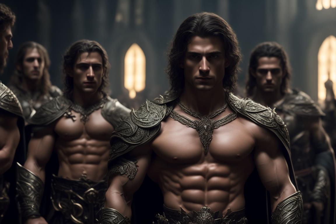 frigid-yak916: three shirtless guys, one is a shirtless young strong lean handsome  male elf, the second is a shirtless young handsome muscular Arabic male  warrior and the third is a shirtless young