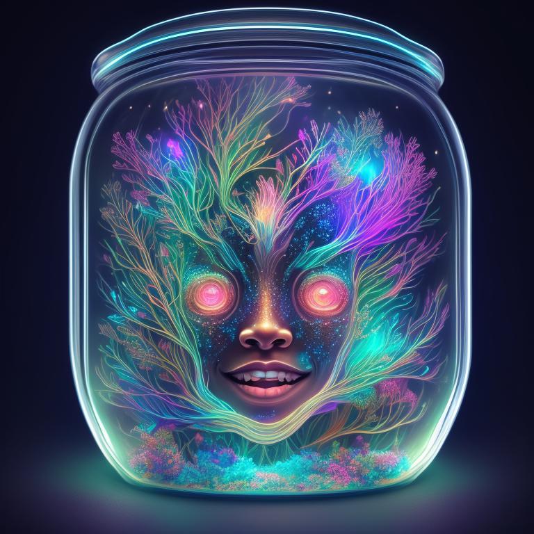 smiling beautiful head in a jar, Transparent skin, Bioluminescent, glowing from within, Digital art, Highly detailed, Glowing eyes, Iridescent, surrounded by bioluminescent organisms, Vibrant colors, Cute, Ethereal, Magical, Surreal, Artgerm, Loish, Artstation