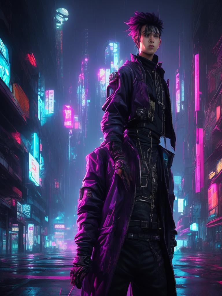 marekwojciech: male teenager ninja viking wearing suit in purple color,  anime style, rainy town in background