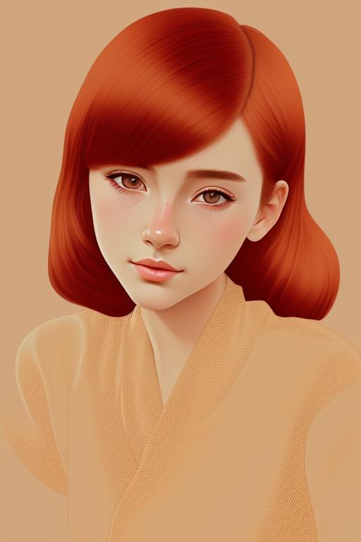 Character concept art, Grainy texture, European Features, Rudimentary Design, 16 year old girl with ruby red hair. Wearing a tan shirt., uncoated paper, Dark outlines, Matte tones, Pencil lines, Digital art anime, Flat illustration, Portrait, elegant lines and shading, Color Gradiant, Clean line art, American Realism