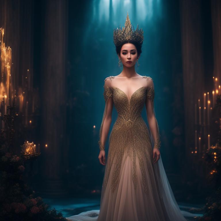 fae queen standing in her throne room with a serene expression, she is wearing a beautiful dress that imbues her with power and mystery, Ethereal, Powerful, Magical