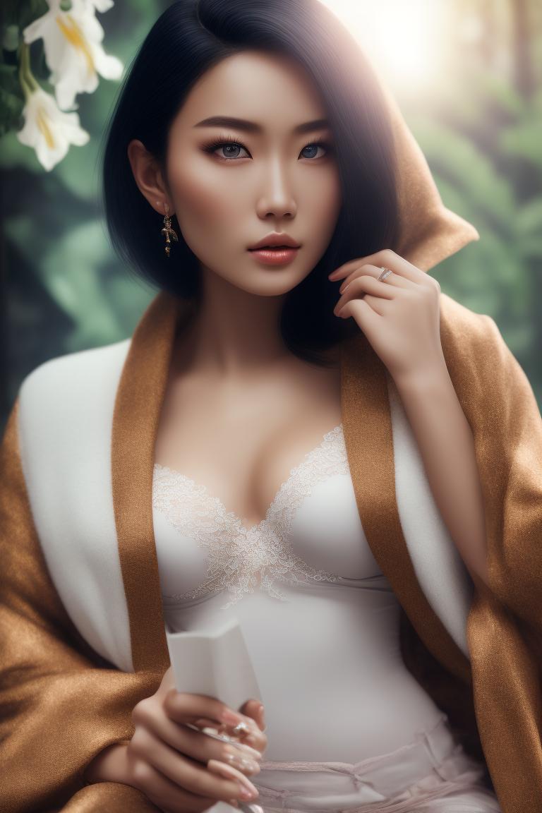 kudu_piring847: woman in open white robe reading a book while sitting at a  table, gorgeous chinese model, symmetrical hazel eyes, reflective circular  iris, full-body photography, dreampool rooms, beautiful feminine face,  detailed eyes,