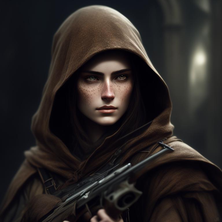 Elandil: Brown haired female assassin with hood freckles rifle
