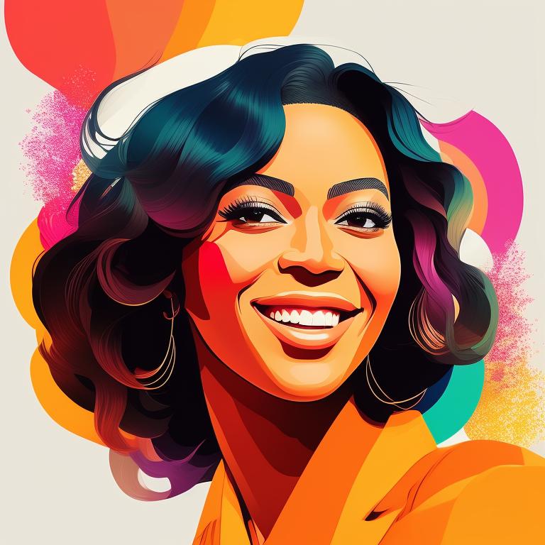 beyonce, Smiling, Beautiful colors, pencil sketches, Vector illustration, Cel shaded, Flat, 2D, Style of dan matutina, In the style of studio ghibli, Art by Hiroshi Saitō, bold lines, Bold the drawing lines, Amazing details, One character