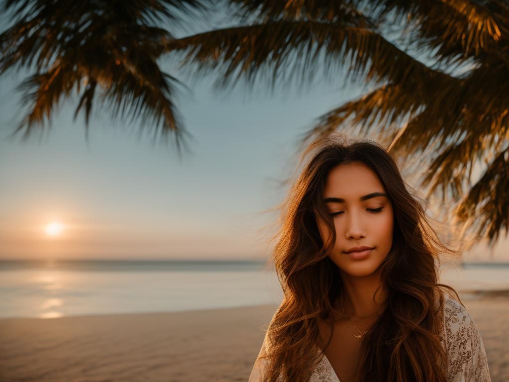 tight-corgi513: Beautiful 25 year old woman meditating on the beach at  sunset. palm trees. brown long hair. brown dress. detail of her face.