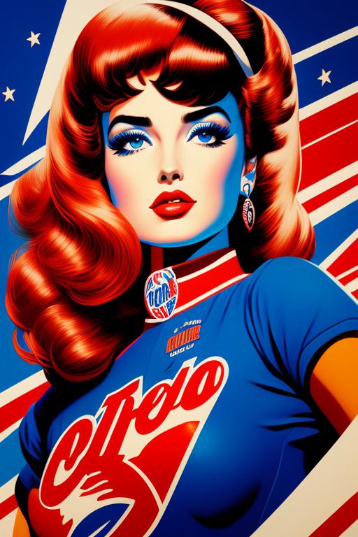 Pepsi-Cola Girl, staring directly at the viewer with confidence and energy, surrounded by pepsi cans and a bright blue background, Vibrant, energetic, pop art style, Highly detailed, Sharp focus, Digital illustration, art by shepard fairey and alex ross and hajime sorayama.