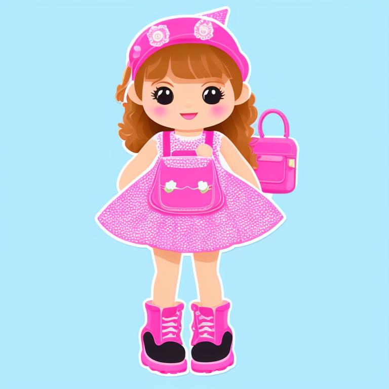 cute illustration sticker of a girl in a pink party dress, pink dr, marten boots and pink crossbody bag