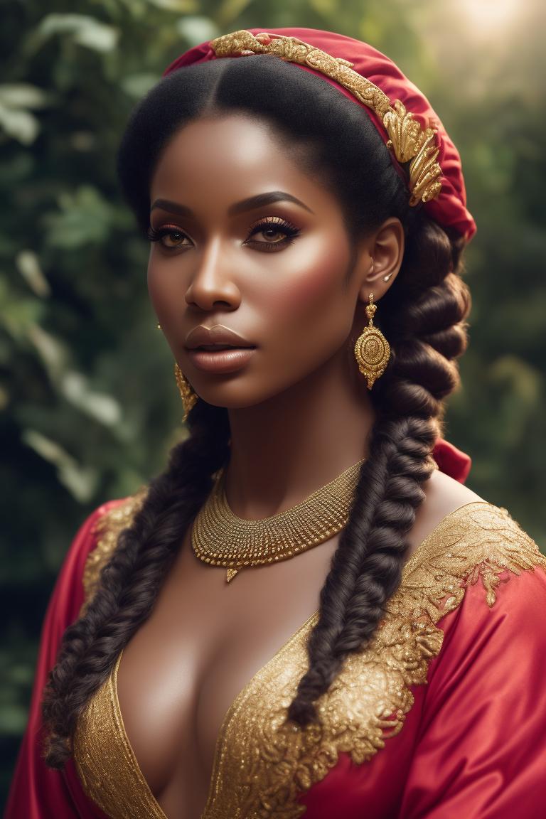 small-worm755: 25 year old woman, Medieval, Nicki Minaj, nicki Minaj  inspired, long hair, African, African queen, light brown skin, cleavage, full  body in frame, beautiful, braid hairstyle, Savannah biome background.