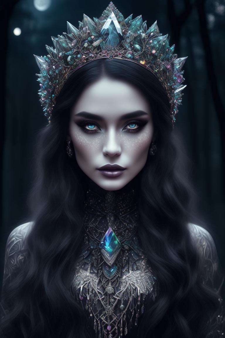 beautiful mystic witch, wear crystal crown, beautiful eyes, beautiful dress, forest theme, full moon, magic witchcraft, glitter, black rainbow, mystical aura, Glowing eyes, tribal tattoos, Intricate, Portrait, Highly detailed, Dark mood, Digital painting, Artstation, Trending on Instagram, by lois van baarle and artgerm and ross draws.