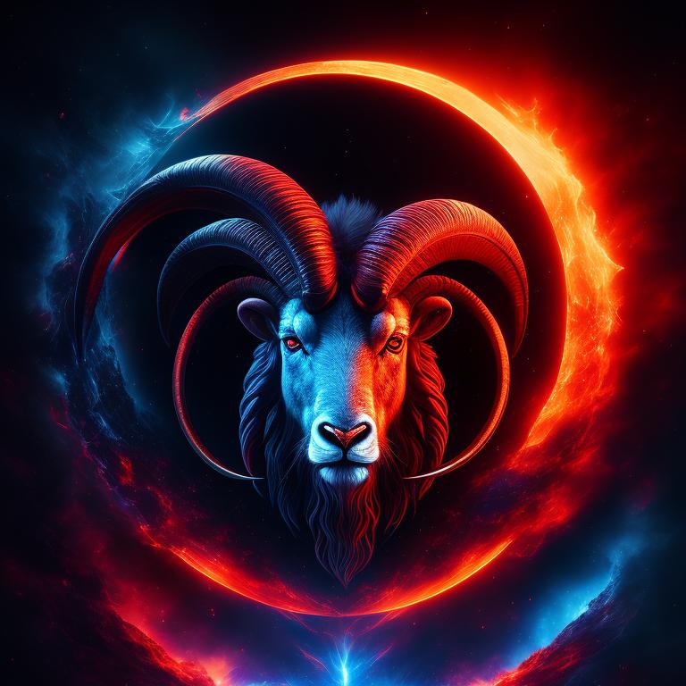 ram of aries sign, looking at camera, fiery moon illuminating the night with explosion of blue and red colors, beautiful detailed image, 8 k, with warm and intense colors, Sharp focus, Intricate details, and art style inspired by alex ross and jim lee.