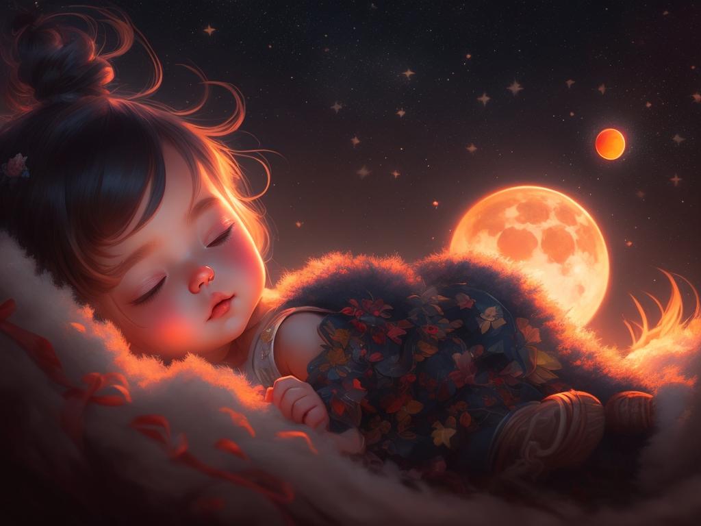 SUPER CUTE ANIME BABY SLEEPING ON A FLUFFY CLOAD, with a starry sky and a golden moon in the background, smille, Button nose, small mouth, rosy cheeks, beautiful painting, artstation trends, High detail, professional, 3d, octane render, art by greg rutkowski, cartoon, disney pixar, cinematic light, contrast light, Highly detailed, art by greg rutkowski and artgerm, Whimsical, Charming, cheerful, Sharp focus, trending on artstation.