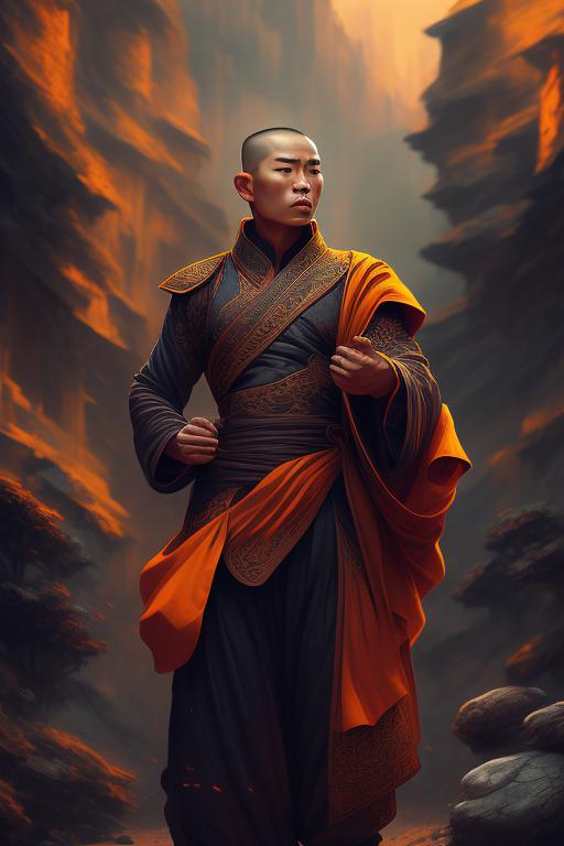Almarose Asian Human Shaolin Monk, short hair. Saffron colored