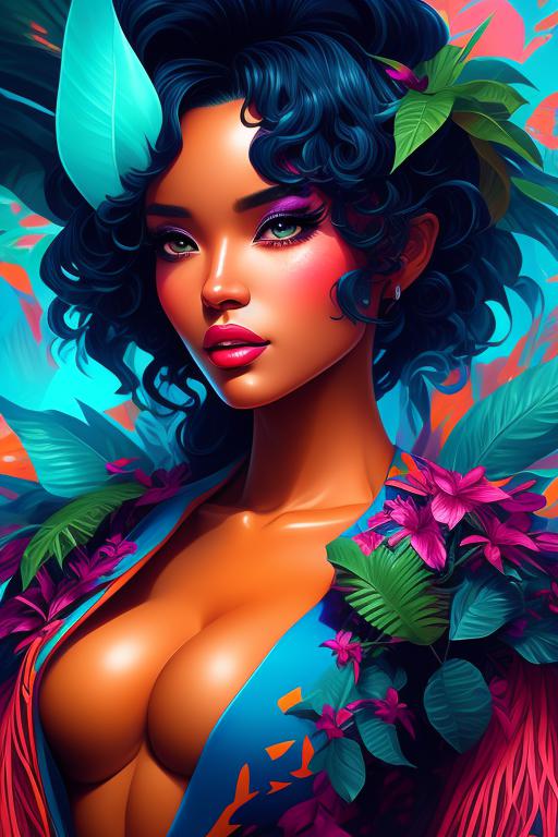 Tropical Storm Chaser Hot  Chick, Highly detailed, Vibrant colors, Sharp focus, art by mandie manzano and lois van baarle, tropical foliage in background, Fantasy, Intricate, Matte, trending on artstation.