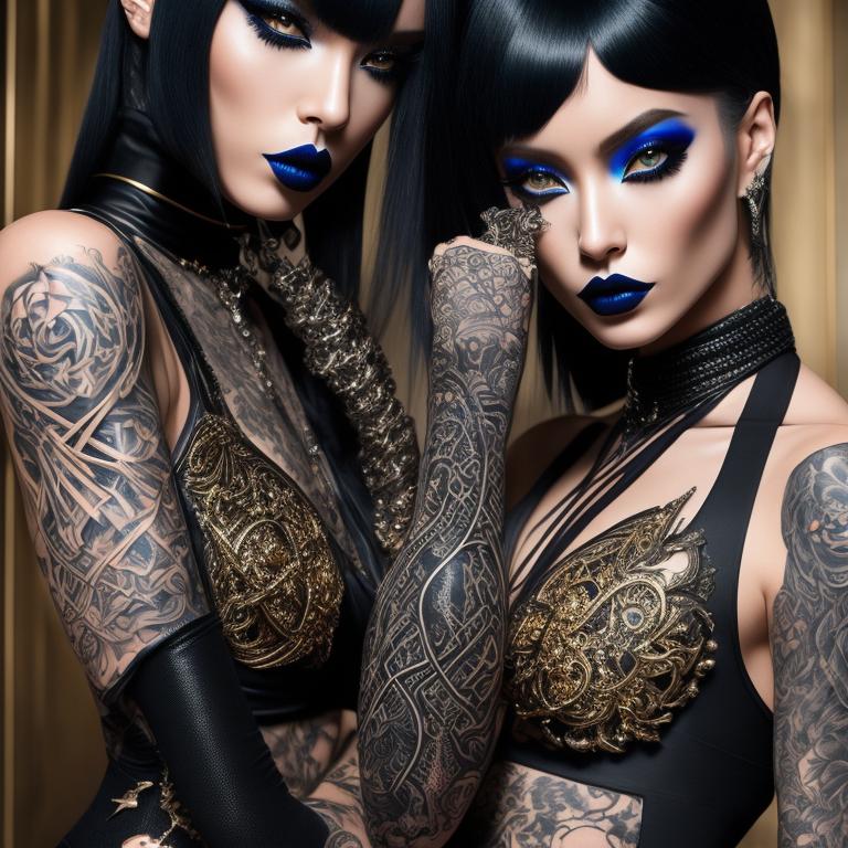 Naglauamorda: A cute goth girl heavily tattooed with intertwined black  pentagrams, with blue lipstick, gold eyeshadow and a septum ring. Very thin  glass tubes, beautiful body, detailed, intricate complexity, Moro and  Raiden