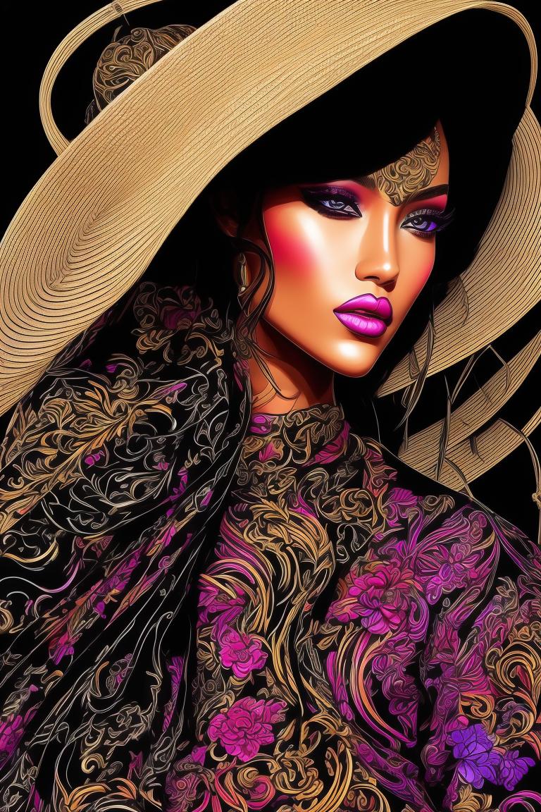 Fashion Sketch Illustration: Straw Hat Black Magic, with dramatic lighting, Intricate detailing, smooth lines, And vibrant colors, art inspired by fashion designers like versace and alexander mcqueen, and artists such as hayden williams and megan hess.