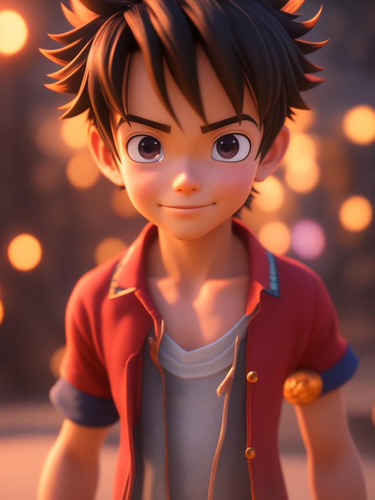 dutiful-newt664: PORTRAIT LUFFY,standing centered, very cute, anime one  piece, adorable, Sharp focus, 3D style rendered in 8k , human face