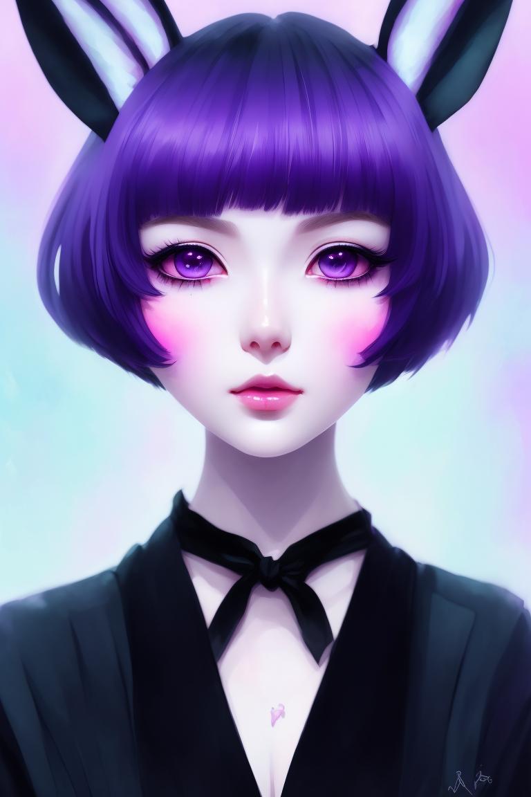 writhing-mule13: Black uneven bob-cut hair, bright purple eyes, pale skin,  bunny ears, bunny girl, cute, anime