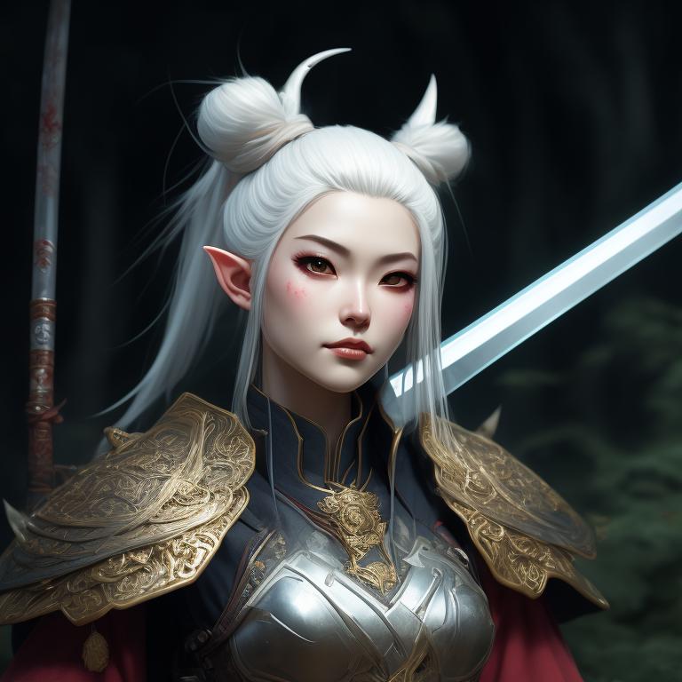 unusual-slug175: female elf samurai, white hair, katana in hand