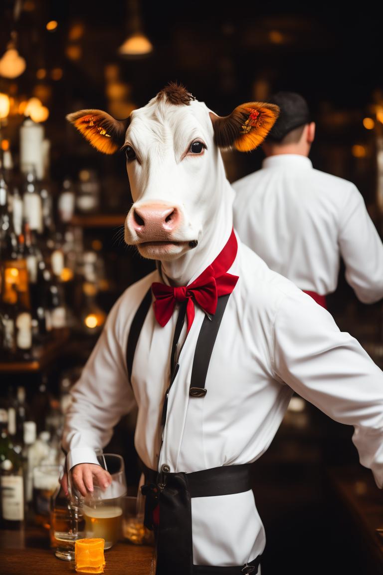 dustinholloway A milk cow dressed as a bartender cosplay, from the