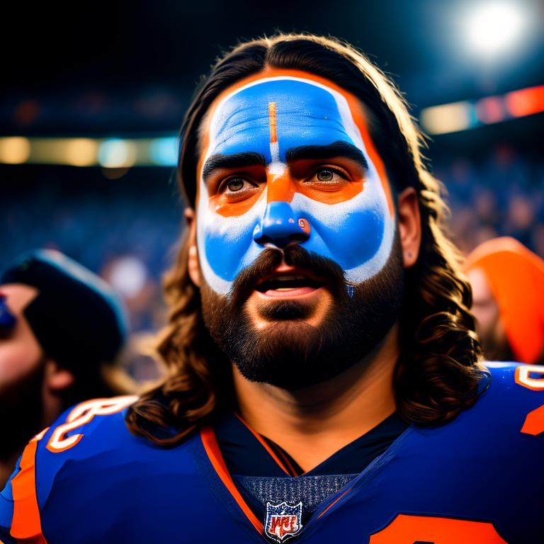 broken-wasp549: Jesus Christ as a overweight Chicago Bears fan watching the  game from the stands with full blue and orange facepaint