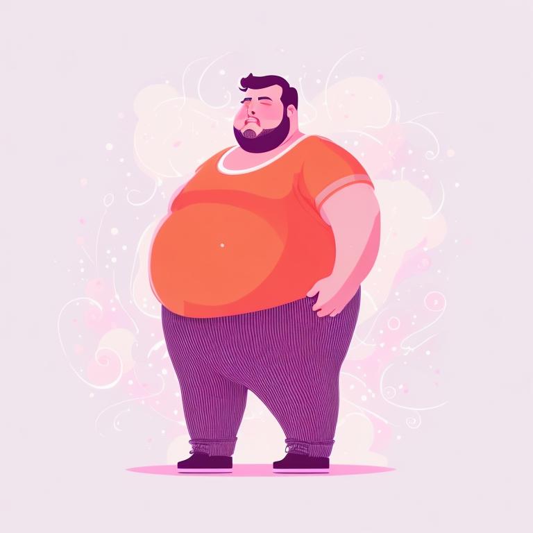 Vector illustration, Flat illustration, Illustration, obese man standing in white background, no beard, no spectacles, pained facial expressions

, Trending on Artstation, Popular on Dribbble, Cozy wallpaper, Pastel colors