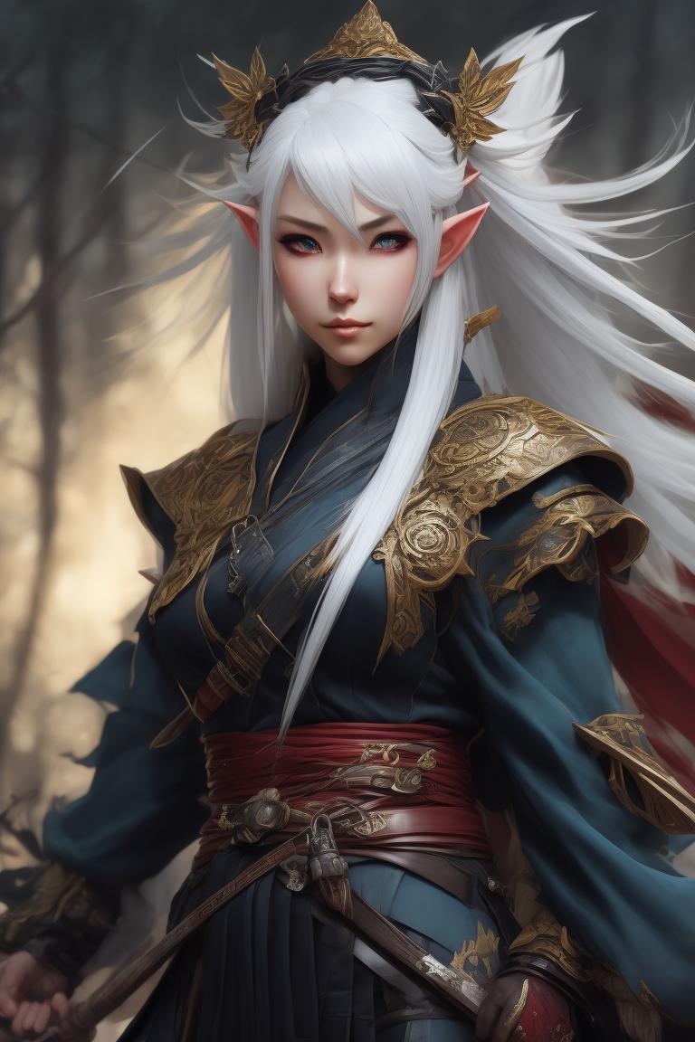 unusual-slug175: female elf samurai, white hair, iaido uniform, final ...