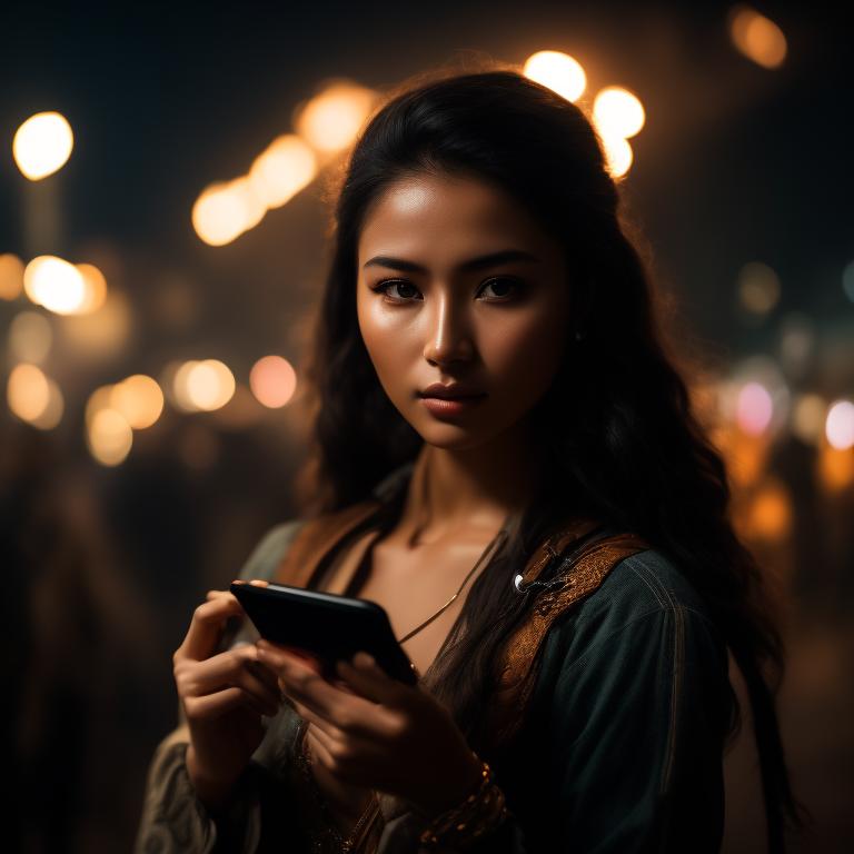beautiful, young woman (western), connected to cell phone, in the middle of battle, 8k, uhd, severe low lighting, high quality, sharp focus, fujifilm XT3