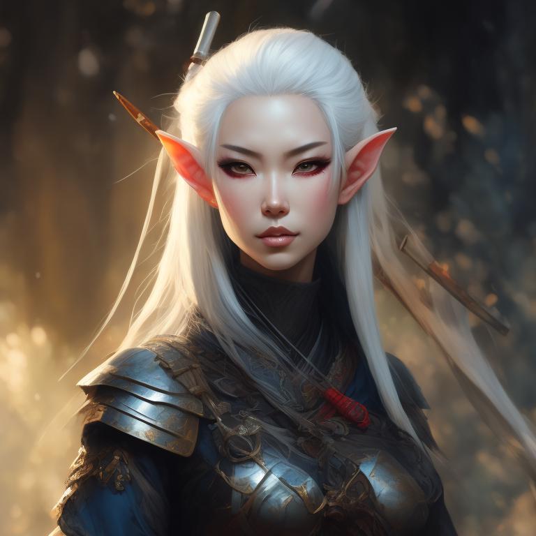 milky-hyena375: female elf samurai, white hair, katana in hand