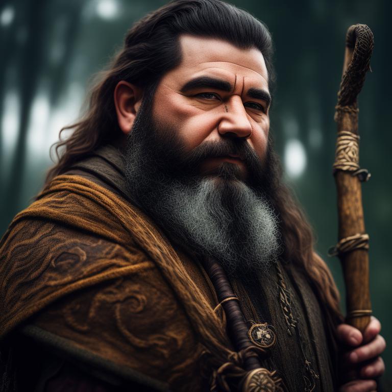 A male dwarven druid with a big scar across his face and holding a wooden staff wearing animal skins with nature in the background, Dungeons and dragons portrait
