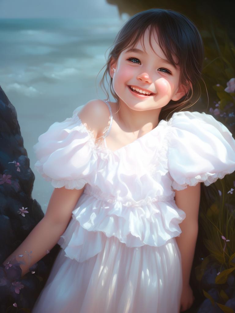 Foul-Rabbit: A giggling young girl, moonlit beach, wistful expression ...