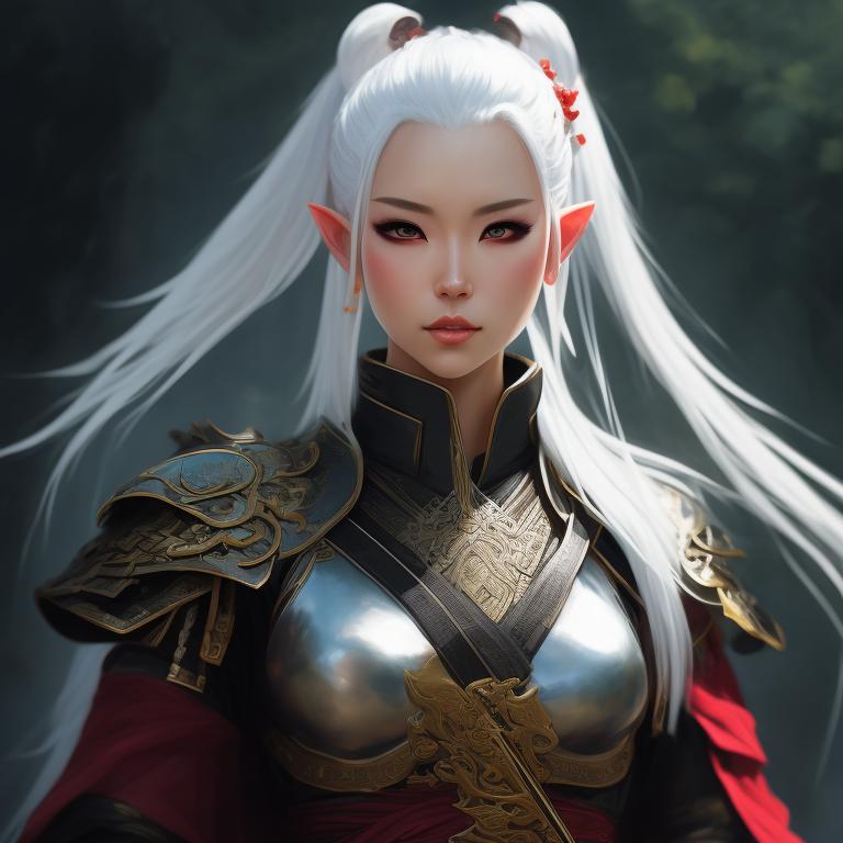 milky-hyena375: female elf samurai, white hair, katana on waist