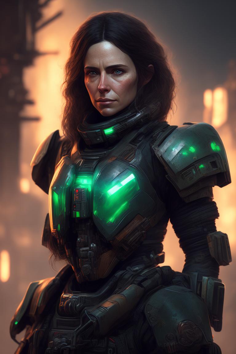 blond-ibex204: Commander Valerie Steele, age 36 years old, brown hair,  green eyes, wearing high ranking galactic mech suit, battle worn, burn scar  on neck, stoic look, portrait, shoulders and up, 8k resolution,