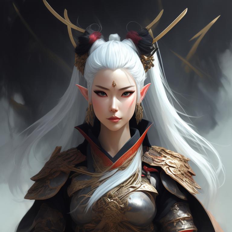 milky-hyena375: female elf samurai, white hair, katana in hand