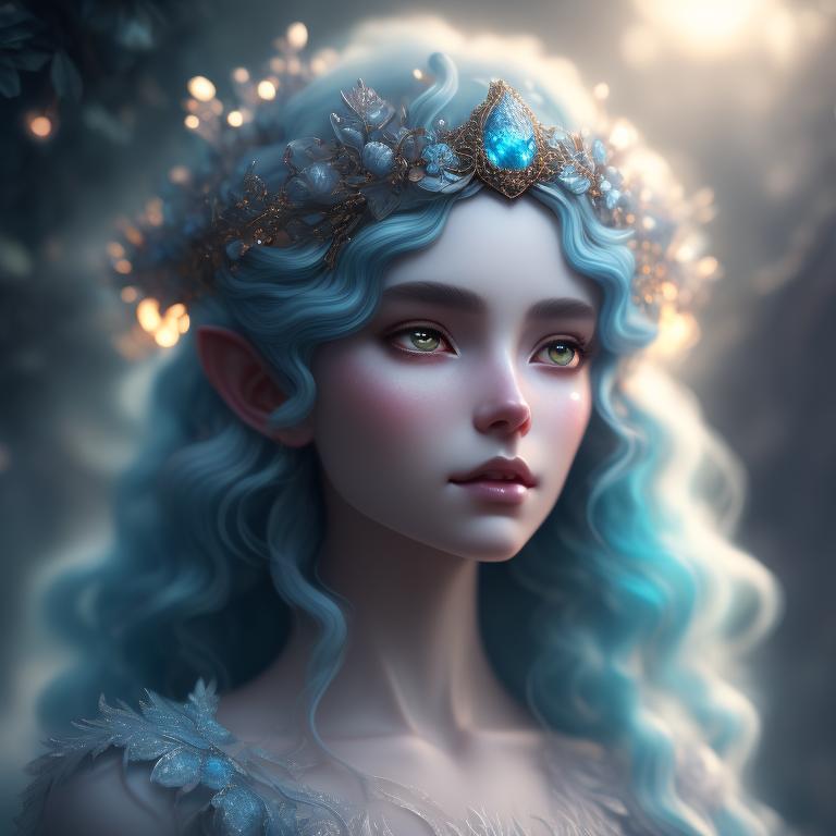 past-eland73: White etherial elf blue glowing eyes big curly hair crown