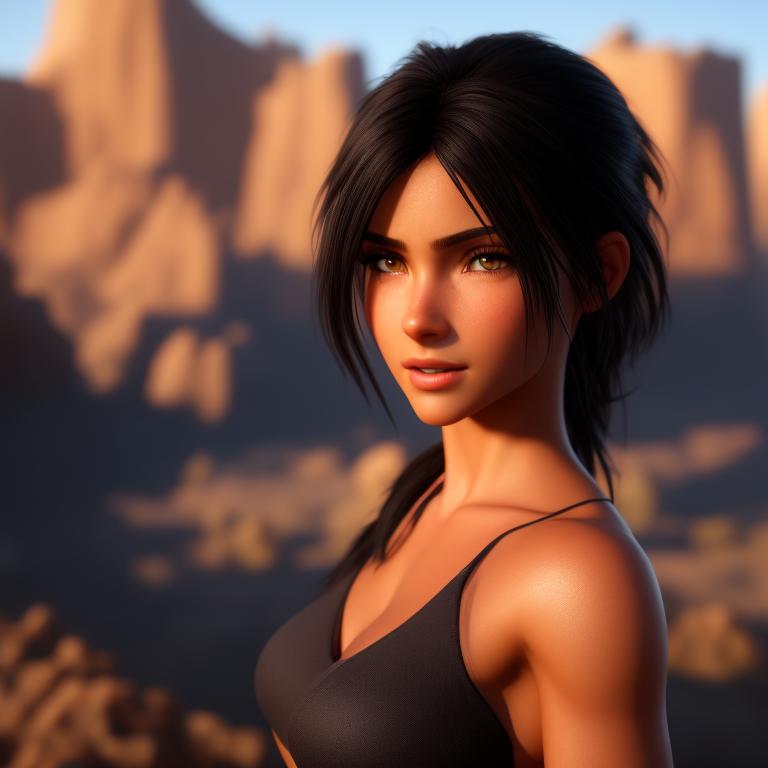 standing centered, Pixar style, 3d style, disney style, 8k, Beautiful, Samantha is a fearless teenage girl akin to Lara Croft, with short, spiky black hair, piercing gaze, and sharp jawline., 3D style rendered in 8k using beautiful Disney like animation
