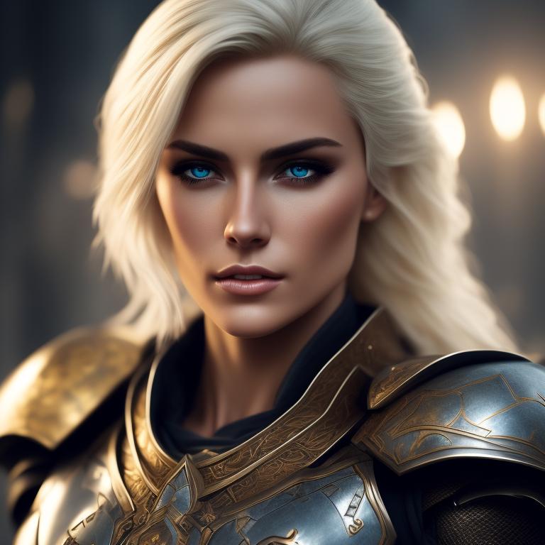 ideal-bird: a female paladin. blonde hair. sword. impressive attention ...