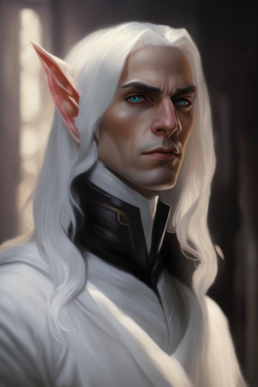 useful-owl316: Male ((elf)), long white hair, strong jaw, black eyes