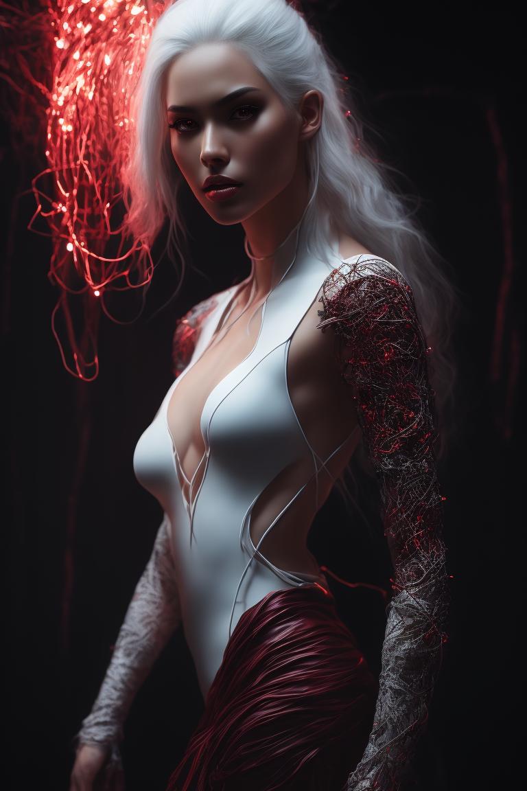 jovial-hare279: beautiful woman, white hair, white tight dress with dark  red details,